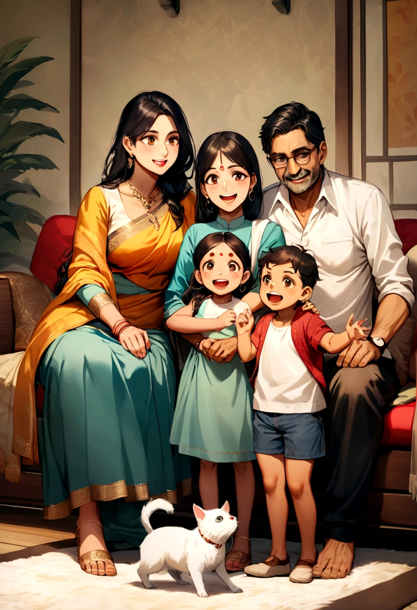 Indian family with kids and a pet. Three generations together happy..modern Indian family