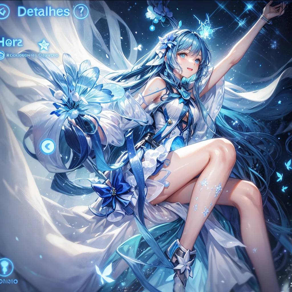 A young woman with long blue hair, wearing a white and blue winter outfit, sits on a branch with a large blue flower, her hand reaching out to the sky. She has a playful expression on her face and is surrounded by a magical aura.

[Anime style, vibrant colors, magical and whimsical, inspired by the works of Mihoyo and Pixiv artists], [dynamic composition, soft lighting, glowing effects, bokeh effect, motion blur, detailed textures, background with a starry sky and white butterflies]