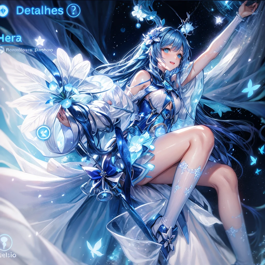 A young woman with long blue hair, wearing a white and blue winter outfit, sits on a branch with a large blue flower, her hand reaching out to the sky. She has a playful expression on her face and is surrounded by a magical aura.

[Anime style, vibrant colors, magical and whimsical, inspired by the works of Mihoyo and Pixiv artists], [dynamic composition, soft lighting, glowing effects, bokeh effect, motion blur, detailed textures, background with a starry sky and white butterflies]