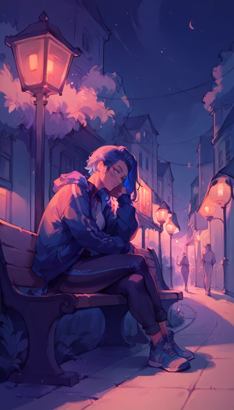 score_9, score_8_up, score_7_up, by rella, a girl sitting on a bench looking out in the night, dark, nighttime, illuminated by a street light, blue colors, somber, peaceful, masterpiece.