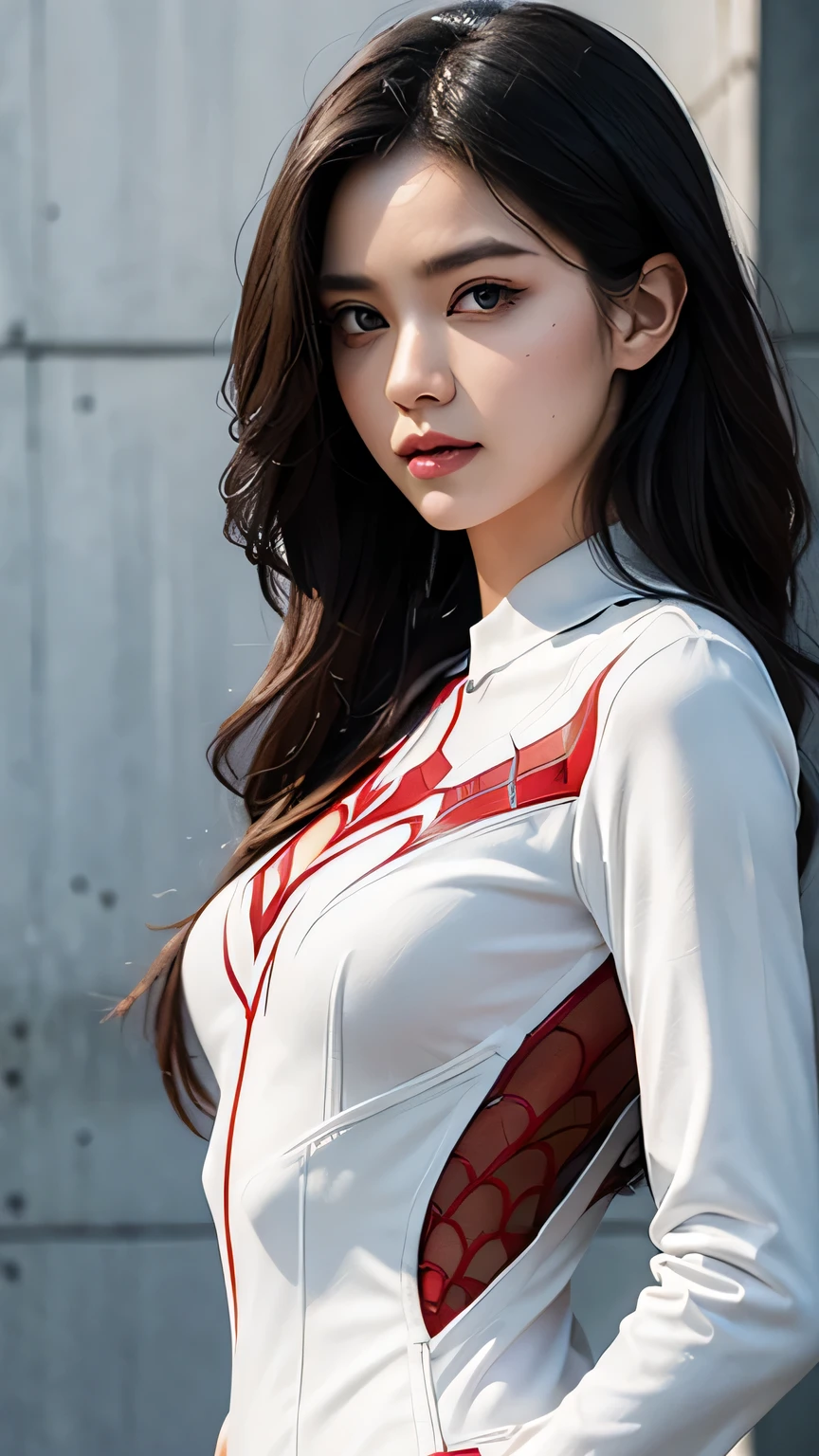 spider-woman, white suit, beautiful eyes, half body, masterpiece, ultra high details