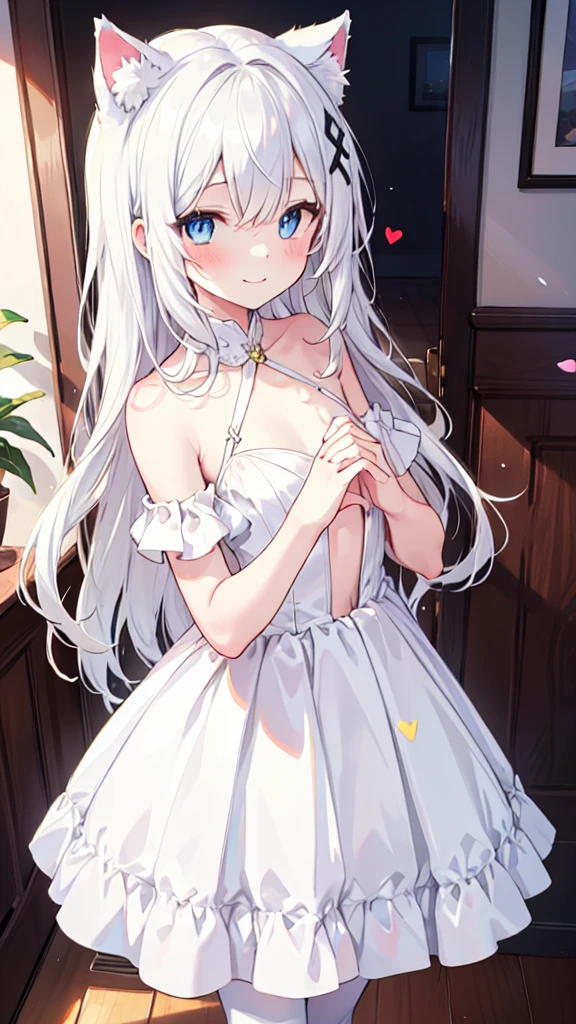 Wedding dress，girl，White pantyhose，White hair，Long hair，Cat ear，Heterochromia blue-yellow，Smile，Female face，There are bright spots in the eyes，Female hands，White little hands，Normal fingers，flat chest，in the room，Embrace