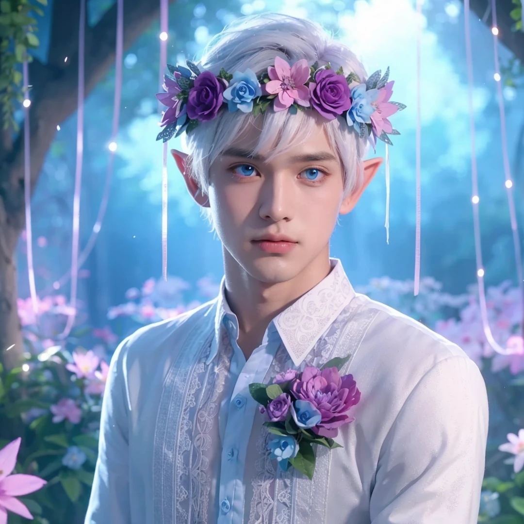 Handsome boy, white hair, blue eyes, wearing pink and light blue flower crown, wearing white barong tagalog, elf ear, "surrounded by light blue, pink, and purple light, magic forest background