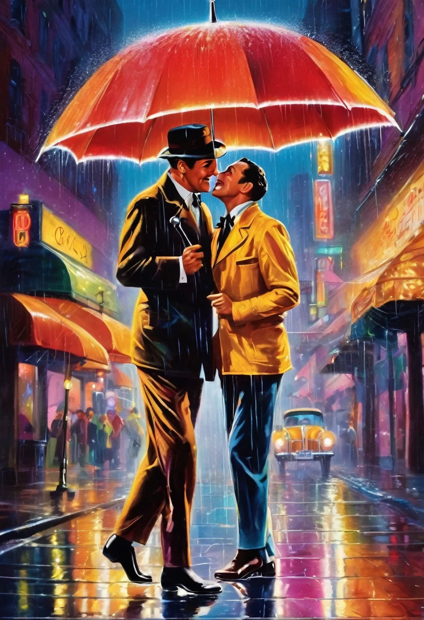 vibrant, colorful, whimsical, romantic, joyful, carefree, dancing, rain, umbrella, city street, night, neon lights, reflections, puddles, splashing, movement, energy, , happiness, Gene Kelly, Singin' in the Rain, nostalgic, classic, Hollywood, musical, iconic, memorable,