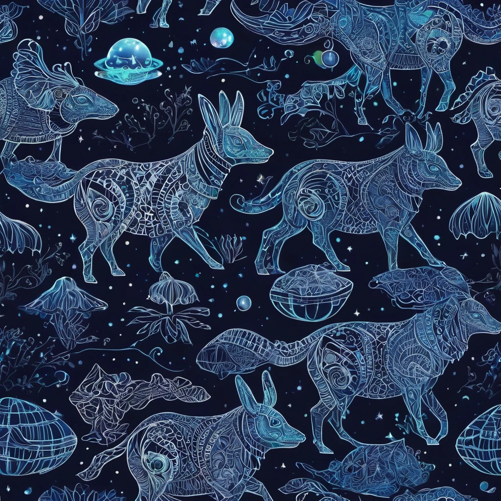 Create a visually stunning and captivating representation of never-before-seen magical creatures from Mars. These creatures are both cute and dark, with a unique bioluminescent quality. The design should incorporate elements of zentangle art, with intricate and mesmerizing patterns. The creatures should appear in a 3D format, with a cinematically-inspired background. Emphasize the mysterious and awe-inspiring nature of these creatures through the use of dark colors and contrasting bioluminescent zentangle lines. The final result should be a mesmerizing and otherworldly depiction of these unknown beings from the red planet.