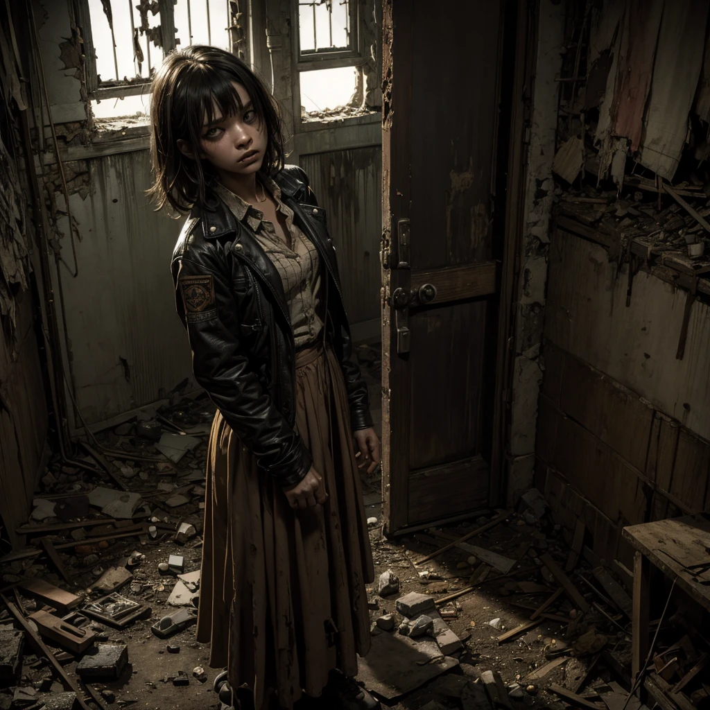 Latter-day background,On the face is a girl between three and seven years old, Wearing shabby clothes and tattered shoes,There are scars and blood on the hands, He was holding a toy,Poor eyes,He stood in the ruins,Short pale yellow hair,8K quality,Unreal 5 effects