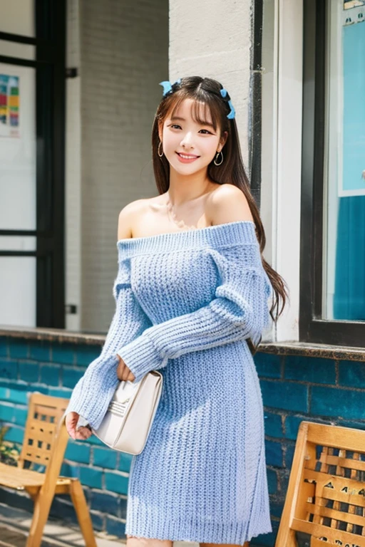 Korean High School Girl、Knit dress、Off the shoulder、High heels