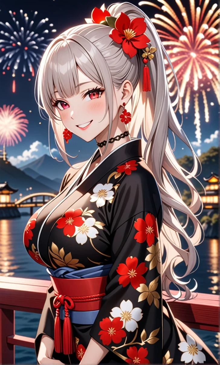 ultra-detailed, ((one girl)),  hyper detailed, absurdres, 8K, Beautiful Face, Woman in black kimono, (Laugh shyly), ((teasing smile:1.8)), ((Wink:1.7)), (Laugh with your mouth wide open),(Tilt your head:1.3), View your viewers, ((Bright red cheeks:1.6)),Glossy Red Lips, ((Big Breasts:1.5)), (valley),night, You can see the sea horizon,On Bridge, firework, (Brighten your face), Woman in black kimono, ((Anime style background)),masterpiece, Highest quality, so beautiful,Latest, Complex details, (Pink long nails), (nail art), (ring),(bracelet), (Floral Choker),AI-generated, Complex,High resolution, Highest quality, super high quality,3D Images、3D Images,One person,((Long white hair)),(High Ponytail), (wavy hair:1.2), Anime woman posing for a photo, ((Fine grain、gray eyes、glowing eyes:1.4)), (Squint your eyes:1.1),a hyperRealistic , hyperRealistic , Realistic,  White long hair anime woman, Smooth anime CG art, A girl in a gorgeous kimono with gold embroidery, ((black furisode:1.3),(Red large floral pattern) ,Long flower hair ornament,Floral Earrings,Mature Body, tall,Abdominal muscles,Narrow waist, ((arched back:1.9)), (front view), 