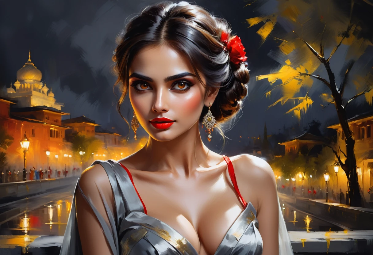 (night ambience) (scary bloody face) perfect eyes, fantastic but scary face, Indian, beautiful look, ((red lips, bright eyes, curve heir 1.5)), ((beautiful details very big breast )), (Straight round and ultra huge clevage, not sagging breast), sitting on a tree, A glorious gorgeous, glorious gorgeous face, pretty face, bright eyes, white saree, updo elegant hair, blurred gray tones background, ultra focus, face ilumined, face detailed, 8k resolution, painted, dry brush, brush strokes, razumov style and garmash style, full body, sexy open thin belly, night ambience