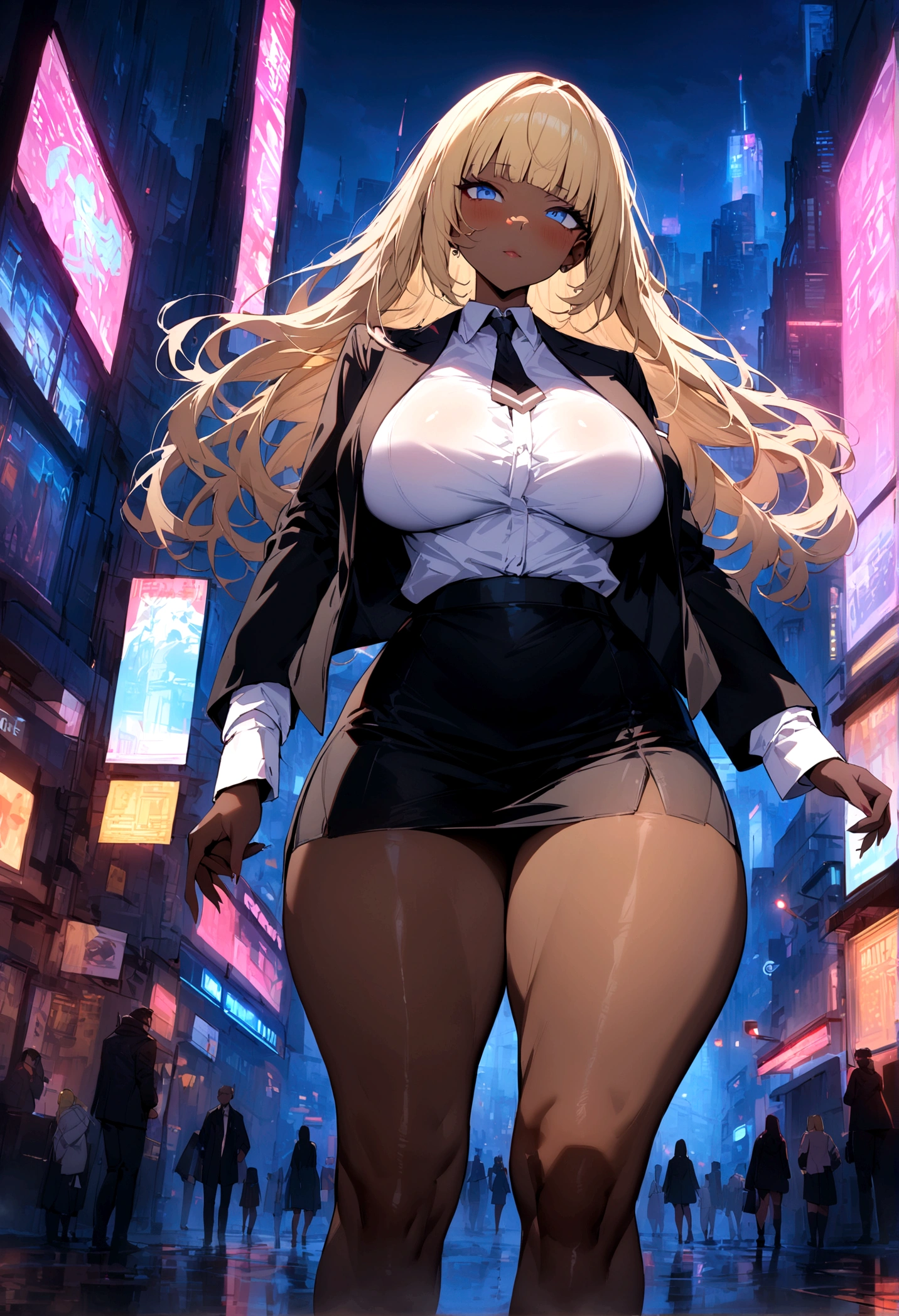 (masterpiece, Highest quality, Ultra-high resolution),One girl, Improve, Dark brown skin, blue eyes, Blonde, Large Breasts, Thick thighs, Hime Cut, black office jacket, White shirt, Black office skirt and black stockings, Beautiful and elaborate face, Fine grain, Detailed nose, Cyberpunk city at night with fog and neon lights