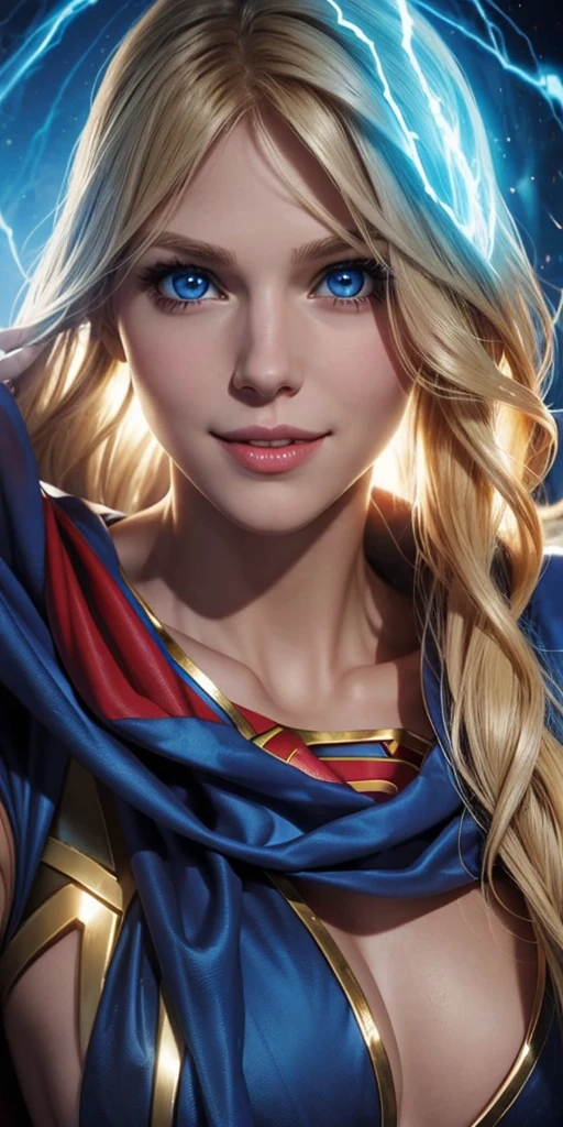 The character Supergirl, perfect costume, shiny blue eyes, extremely beautiful blond hair, beautiful smile , perfect anatomy and extremely beautiful face 
