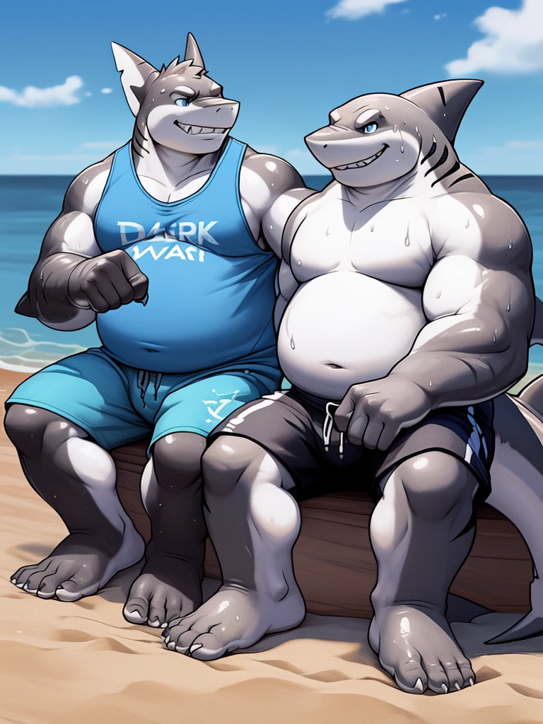 (New Jersey 5) anthro,Shark ,Chubby,Fat,Thick arms,) Rugged muscles,(((White skin))),Solitary,Chubby Face,Sky blue eyes,(sweat),(smirk:1.2),(Shark is sitting next to the other shark showing his feet pointing at them)
BREAK
(Another anthro Shark, Black, smirk),(no t-shirt),(swim trunks),(The other shark Sitting on the sand next to the shark showing their feet),(beach),(panorama:1.2),