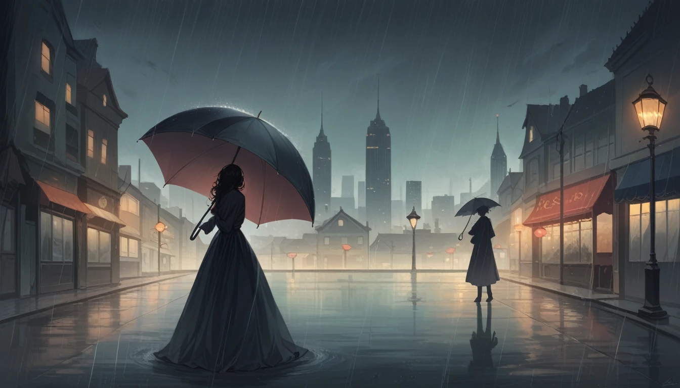 masterpiece, highly detailed, cinematic, 4k resolution, stunning, breathtaking, dramatic, Dancing in the Rain, impressionistic, woman, silhouette, cityscape, soft light, joyful, romantic, flowing hair, smiling, umbrella, streetlight, nostalgic, no blurry, no low resolution, no ugly, no deformed, no unrealistic, no cartoon, no anime