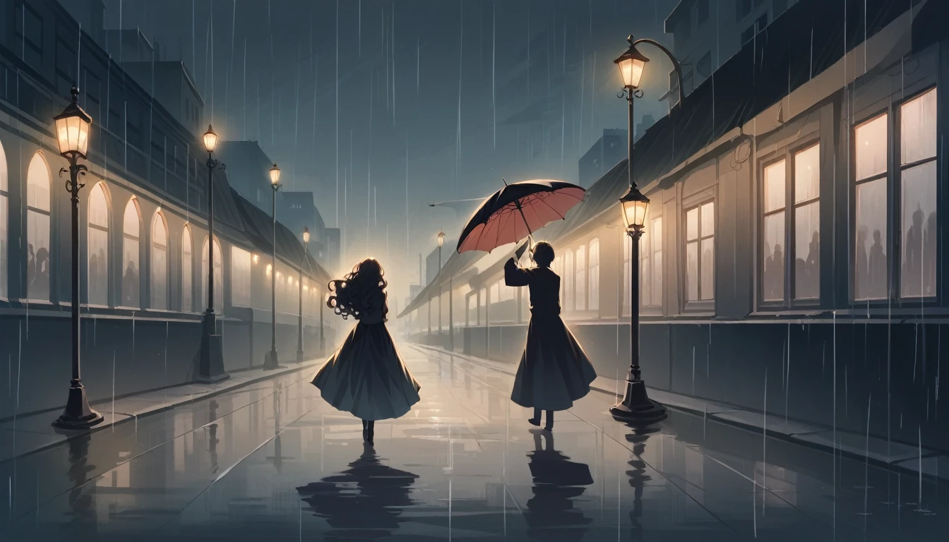 masterpiece, highly detailed, cinematic, 4k resolution, stunning, breathtaking, dramatic, Dancing in the Rain, impressionistic, woman, silhouette, cityscape, soft light, joyful, romantic, flowing hair, smiling, umbrella, streetlight, nostalgic, no blurry, no low resolution, no ugly, no deformed, no unrealistic, no cartoon, no anime