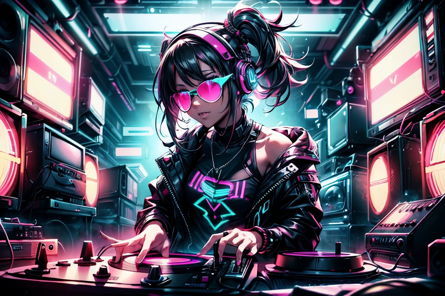 "Cyberpunk DJ Girl with a cool head,front view ,open jacket and short t-shirt that says "My", rocking sunglasses, two large bright LED speakers on each side, immersed in a neon-lit environment, Vinyl record on a turntable with music mixer and turntable in front of it., exuding an electrifying disco vibe in a futuristic nightclub."