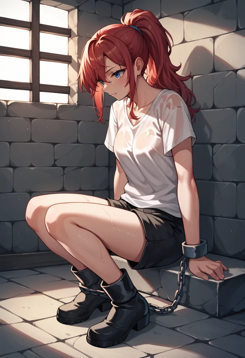 score_9, score_8_up, score_7_up, score_6_up, score_5_up, score_4_up, source_anime, 1girl, worth, red hair, ponytail, blue eyes, shackles, arms, w-w-chain, put on, loose hair, sweaty shirt, shorts, black ankle boots, dungeon, best quality, best res, 4K UHD,