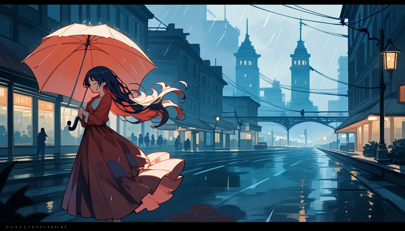 masterpiece, highly detailed, cinematic, 4k resolution, stunning, breathtaking, dramatic, Dancing in the Rain, impressionistic, woman, silhouette, cityscape, soft light, joyful, romantic, flowing hair, smiling, umbrella, streetlight, nostalgic, no blurry, no low resolution, no ugly, no deformed, no unrealistic, no cartoon, no anime