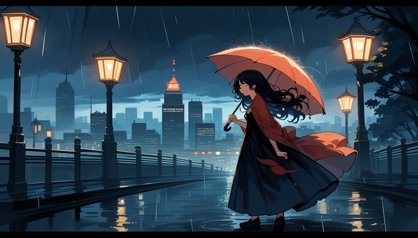 masterpiece, highly detailed, cinematic, 4k resolution, stunning, breathtaking, dramatic, Dancing in the Rain, impressionistic, woman, silhouette, cityscape, soft light, joyful, romantic, flowing hair, smiling, umbrella, streetlight, nostalgic, no blurry, no low resolution, no ugly, no deformed, no unrealistic, no cartoon, no anime