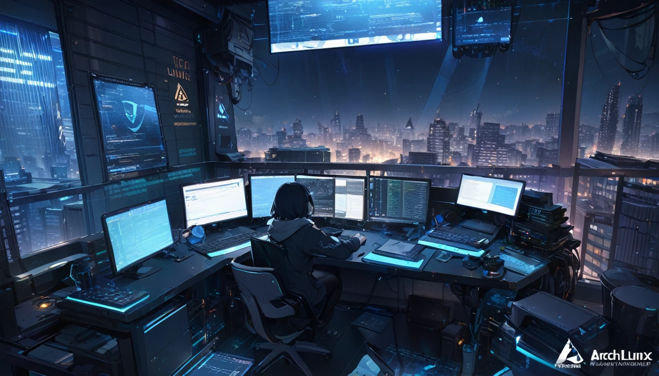 ((Arch Linux)), ((Logo)), Wallpaper, Tech, ((Hacker)), ((Coding)), Rooftop, City, Night, HD, High Resolution, Masterpiece, 4K