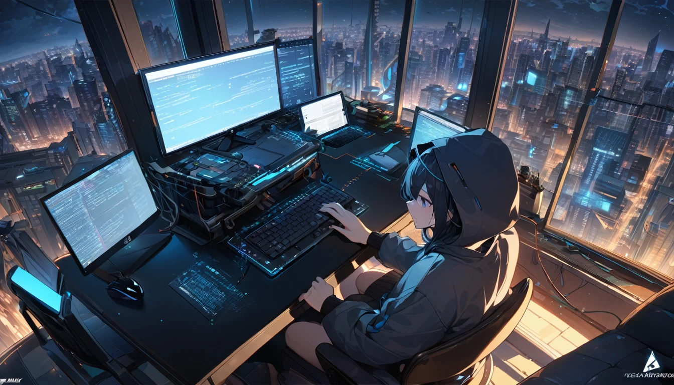 ((Arch Linux)), ((Logo)), Wallpaper, Tech, ((Hacker)), ((Coding)), Rooftop, City, Night, HD, High Resolution, Masterpiece, 4K