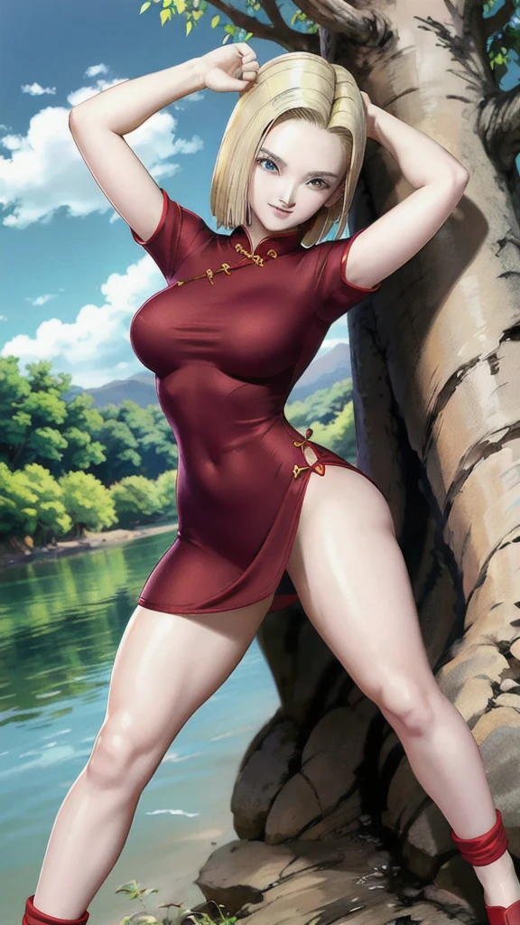 android 18,blonde hair,(((long hair))),blue eyes,(long slit red sexy cheongsam), (Red),looking at the audience,face smile,close-up,river,rock,tree,blue sky,high quality,masterpiece,sexy body, sexy Red Dress, red,perfect big breasts
