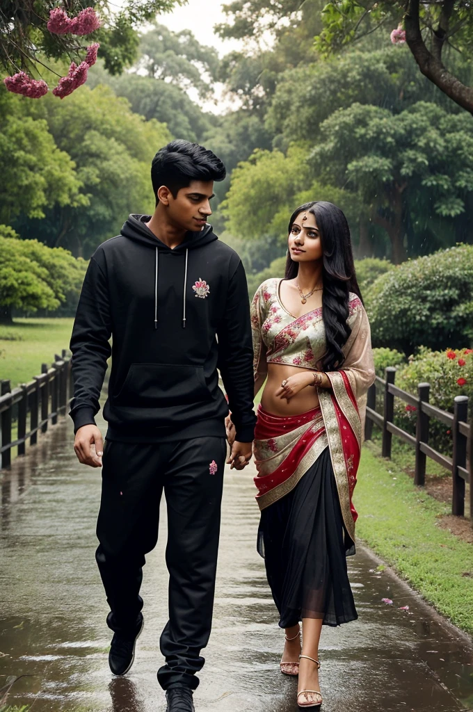 Realistic Indian 20 year old hot couple is walking in beautiful park and the boy is wearing a black hoodie and has name "HEMBROM" written on it, the girl is wearing a red lehenga, realistic picture, romantic picture, rainy season, beautiful realistic picture day. Hyper realistic photo, it has many flower and butterfly background