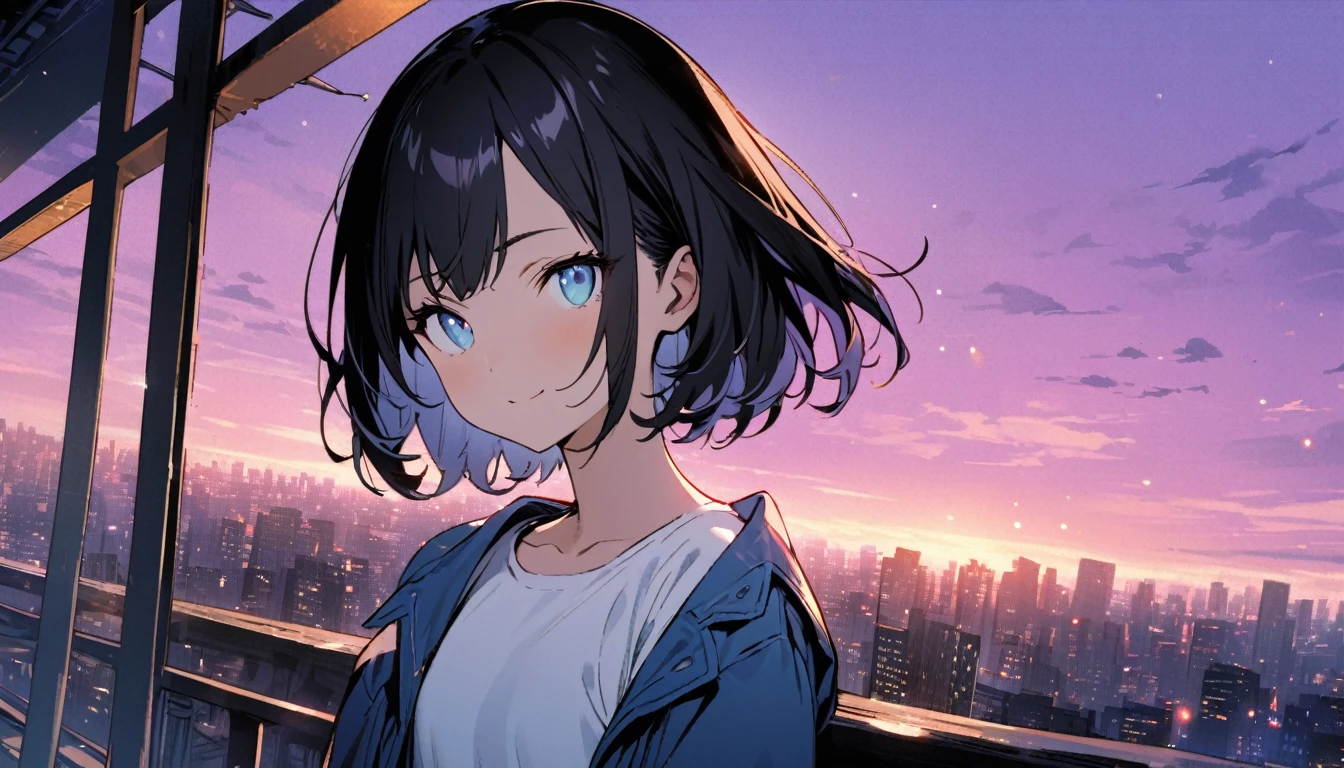1girl, solo, blue eyes, (detailed eyes), flat chest, short hair, black hair, ((white t-shirt)), simple t-shirt, black skirt, black socks, standing, upper body, gentle smile on her face((masterpiece, illustration, best quality)) girl in a blue coat Wear sunglasses Behind is the cityscape in the evening. There are twinkling lights of the city amidst the blue, blue, and purple sky. Cool girls stand on high balconies or bridges. Looking out at the city with a confident and calm expression. The colors of the picture emphasize the dramatic tone. close up to the face