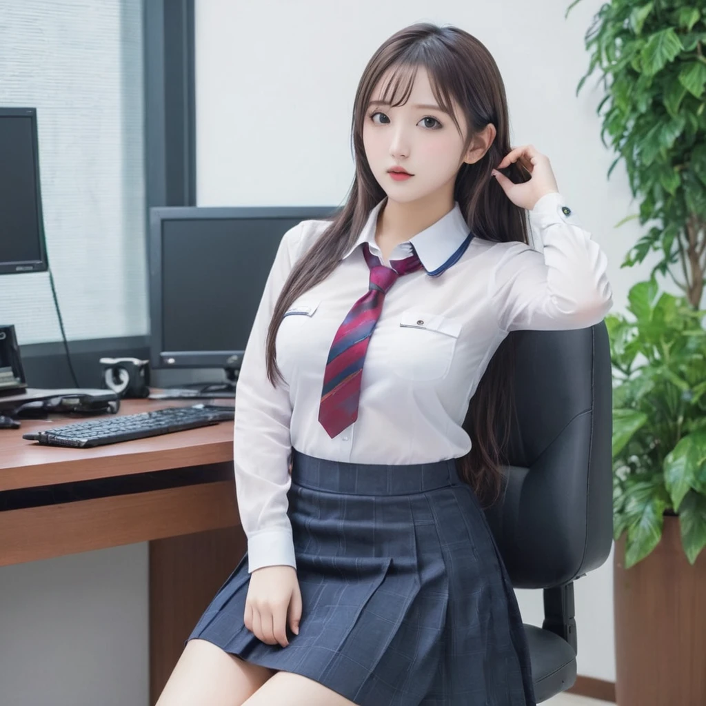 alone,Detailed office,Sitting,Date,Big big breasts,Beautiful attention to detail,Collared shirt,skirt,bra、Long Hair,Delicate hair、sexy、Are fat、Big butt、Anzu Manaka、PC Monitor