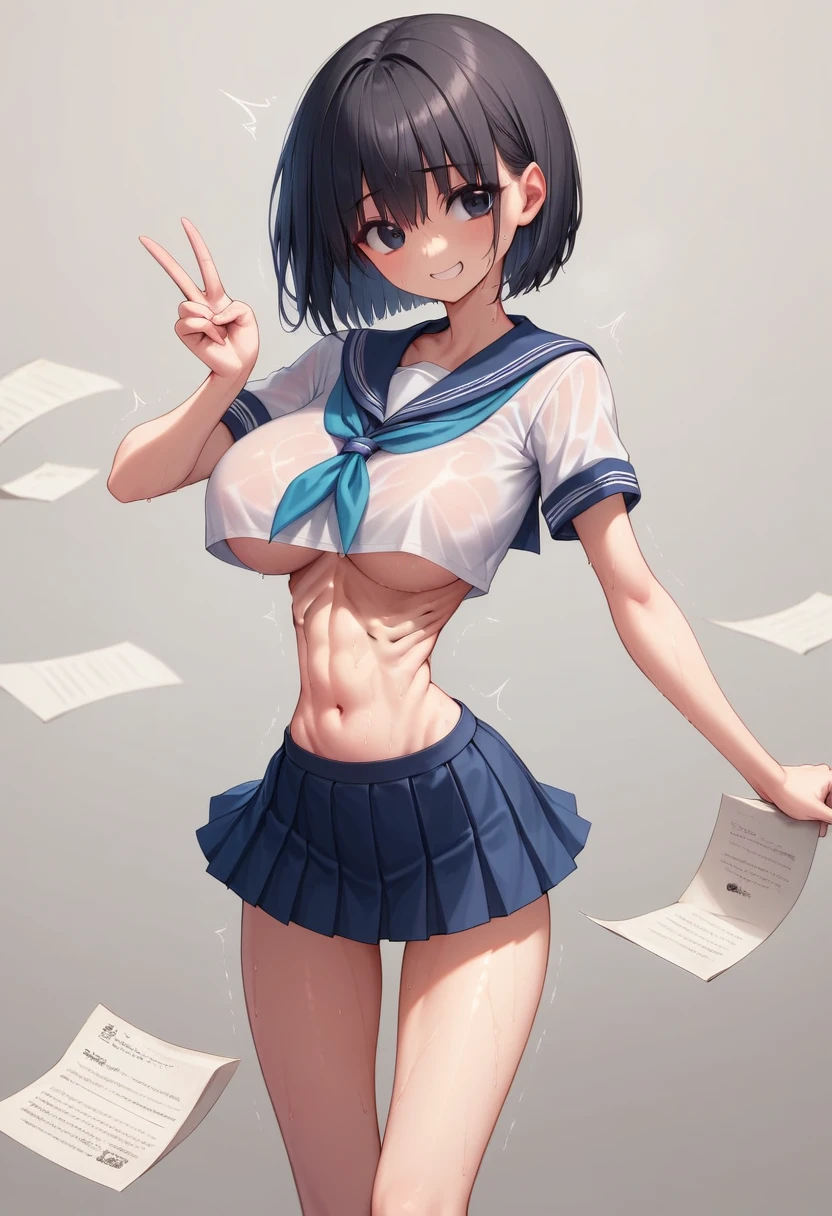 (masterpiece, best quality:1.2), front shot, beautiful 1girl, (super big breasts, micro waist, very long legs:1.4), Black hair, short bob hair, short height, scrawny and thin body, (Paper-thin belly:1.3), Light Skin, cute big eyes, cute beautiful thin face, forced smile, Modest, serafuku, mini skirt, pigeon-toed, V sign, Long and thin navel, (visible ribs:1.3), (Arched back, wet and sweaty, Trembling)