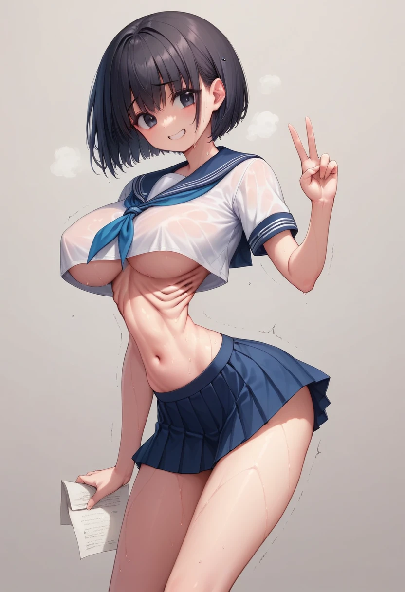 (masterpiece, best quality:1.2), front shot, beautiful 1girl, (super big breasts, micro waist, very long legs:1.4), Black hair, short bob hair, short height, scrawny and thin body, (Paper-thin belly:1.3), Light Skin, cute big eyes, cute beautiful thin face, forced smile, Modest, serafuku, mini skirt, pigeon-toed, V sign, Long and thin navel, (visible ribs:1.3), (Arched back, wet and sweaty, Trembling)