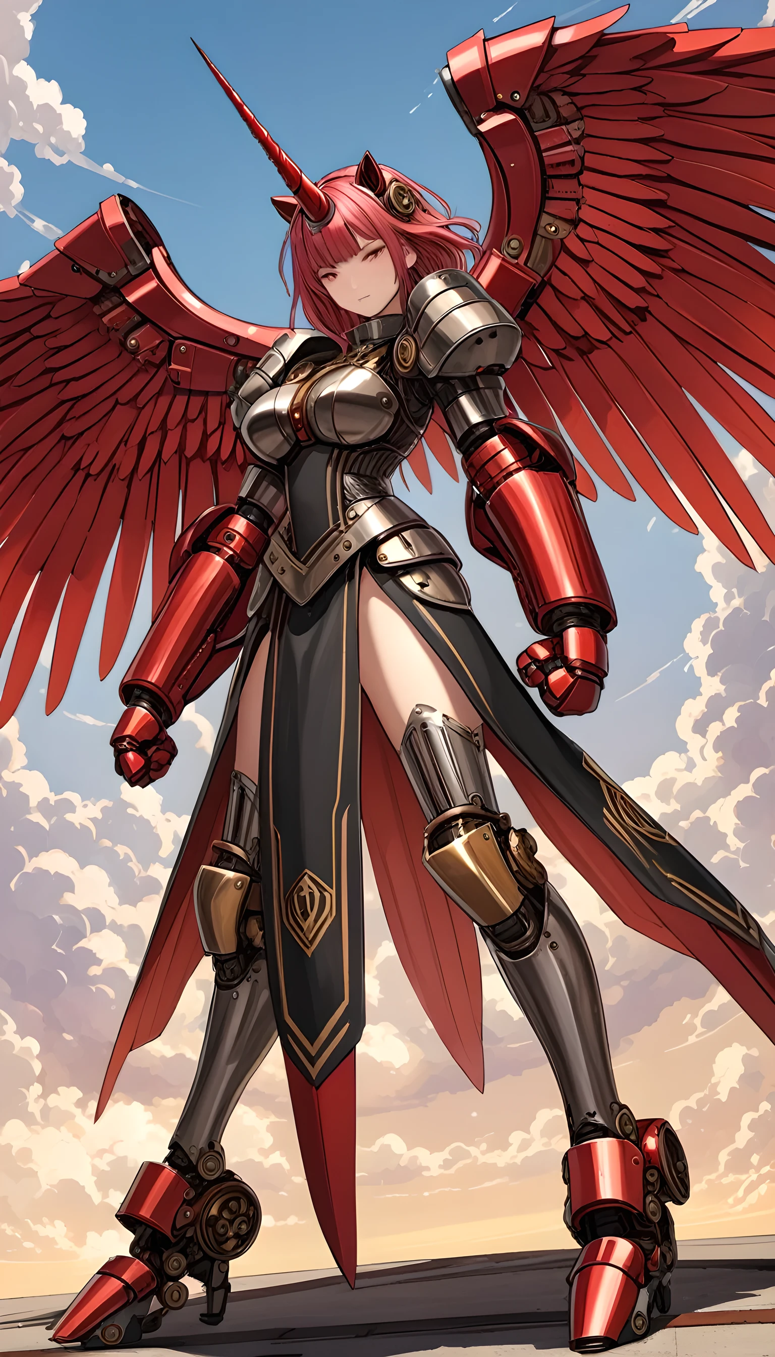 unicorn horn,metal spiral sharp corners,in style of Santiago Caruso,
huge mechanical angel wings,mechanical_halo,1 girl,mechanical wrist,mechanical skirt with pleated skirt,(huge makeover mechanical fists:1.5),
the fist flashed red,(bold,smooth,elegant,curvaceoous,precise:1.2)