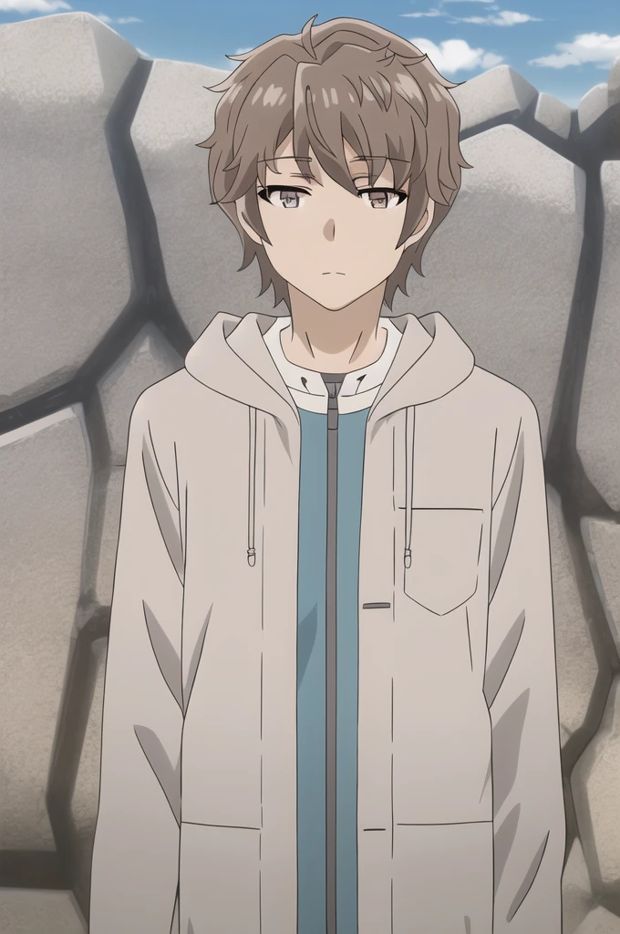 azusagawa sakuta, 1boy, male focus, solo, brown hair, brown eyes, upper body, looking at viewer, cloud, blue sky, closed mouth, lab coat, outdoors, long sleeves, hood down,