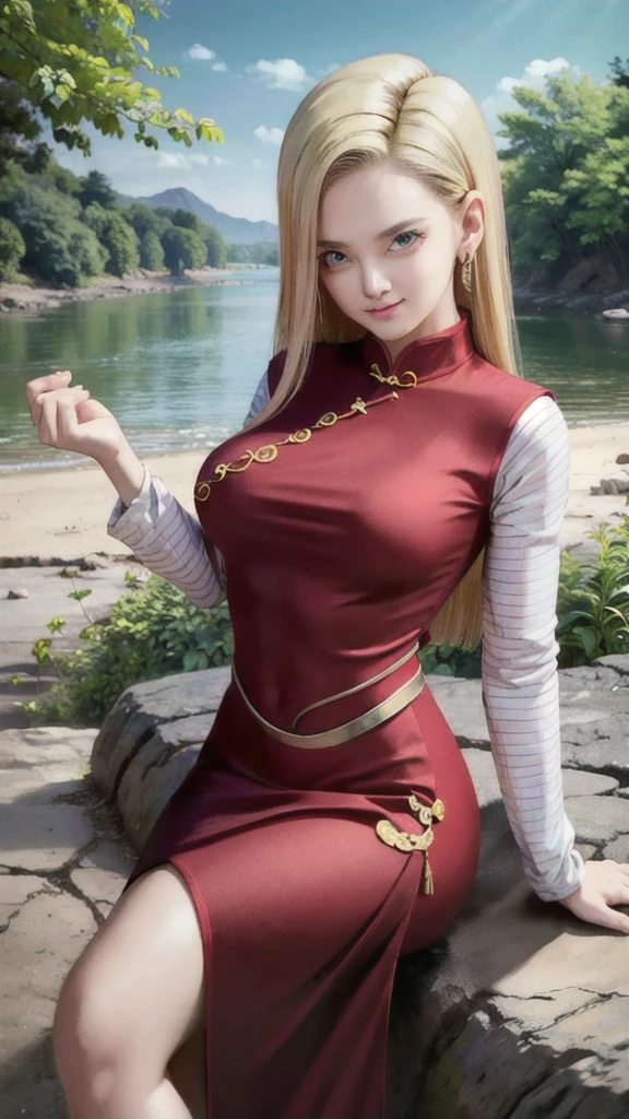 android 18,blonde hair,(((long hair))),blue eyes,(long slit red sexy cheongsam), (Red),looking at the audience,face smile,close-up,river,rock,tree,blue sky,high quality,masterpiece,sexy body, sexy Red Dress, red,perfect big breasts