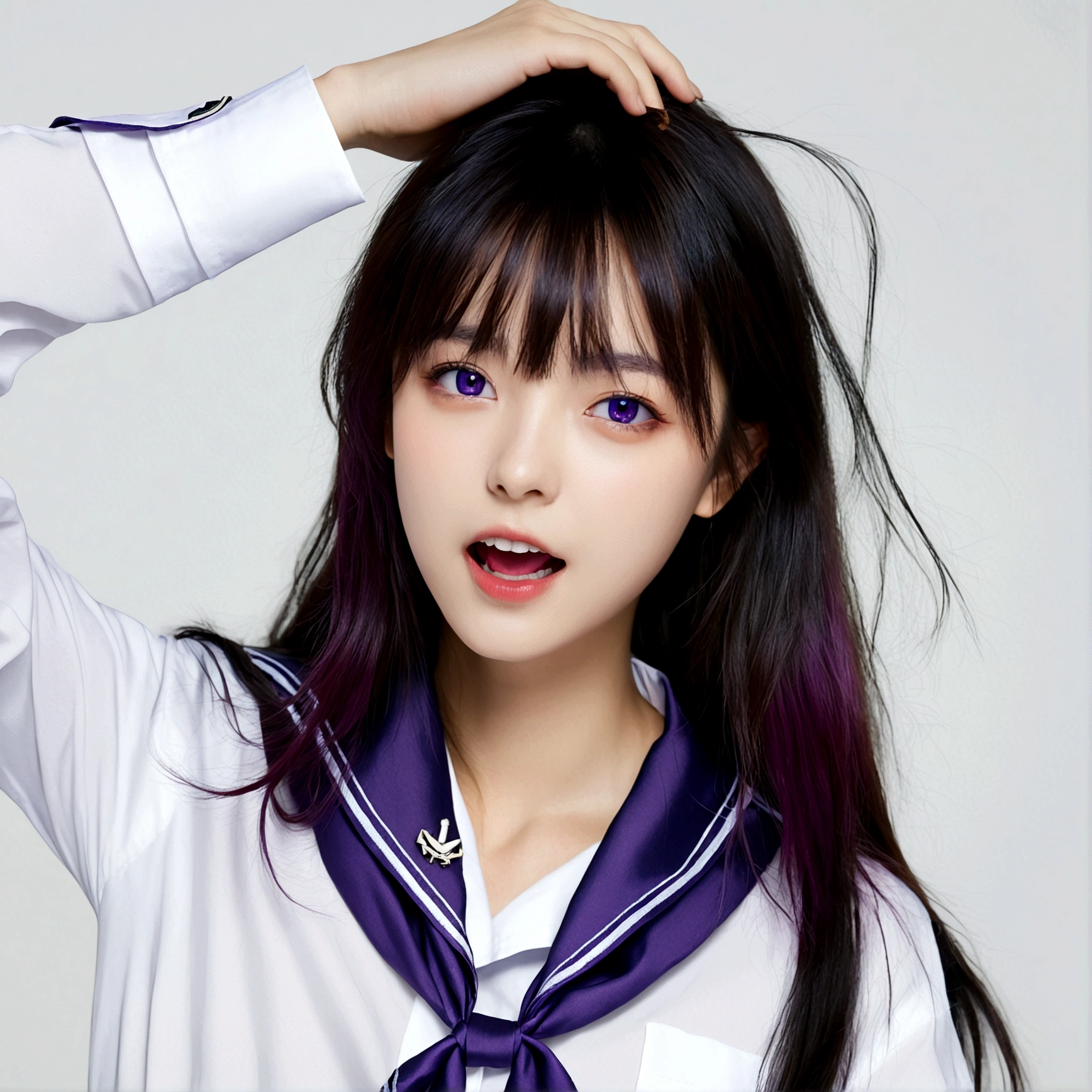 1girl, solo, long hair, looking at viewer, open mouth, bangs, simple background, shirt, black hair, long sleeves, white background, very long hair, school uniform, purple eyes, white shirt, upper body, purple hair, ahoge, multicolored hair, teeth, serafuku, sailor collar, arm up, v-shaped eyebrows, neckerchief, upper teeth only, eyes visible through hair, red neckerchief, black sailor collar, triangular headpiece