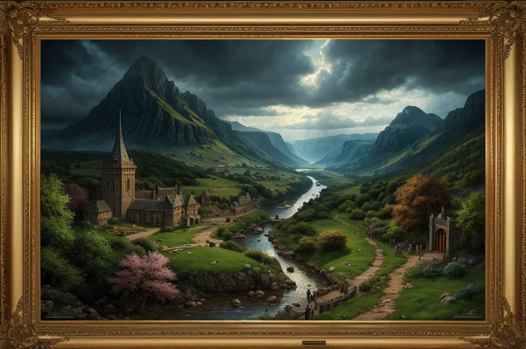 inspiré de Tolkien, À la manière de John Howe, detailed fantasy landscape, enchanted forests, majestic mountains, epic battles, dangerous dungeons, forteresse militaire cachée, cinematic lighting, dramatic atmosphere, hyper realistic, 8k, cinematic, award winning, masterpiece, intricate details, vivid colors, dramatic shadows, volumetric lighting, ultra-detailed, photorealistic, intricate details, impeccable textures, seamless composition, mesmerizing