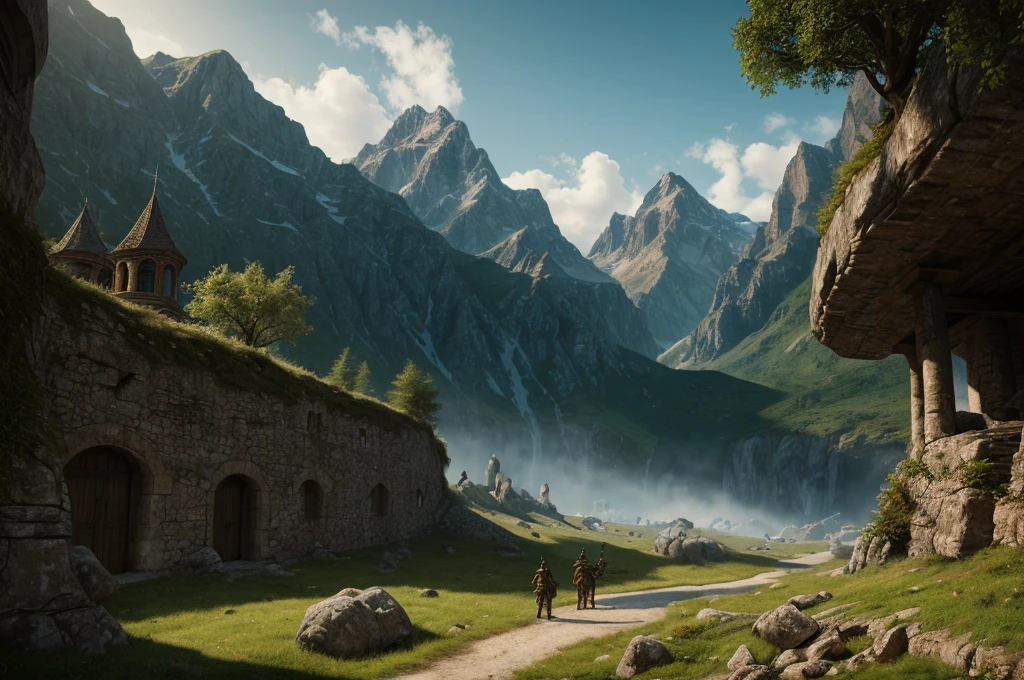 inspiré de Tolkien, À la manière de John Howe, detailed fantasy landscape, enchanted forests, majestic mountains, epic battles, dangerous dungeons, forteresse militaire cachée, cinematic lighting, dramatic atmosphere, hyper realistic, 8k, cinematic, award winning, masterpiece, intricate details, vivid colors, dramatic shadows, volumetric lighting, ultra-detailed, photorealistic, intricate details, impeccable textures, seamless composition, mesmerizing