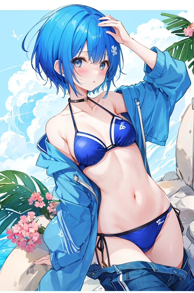 Girl、Blue hair short、bikini、Embarrassed