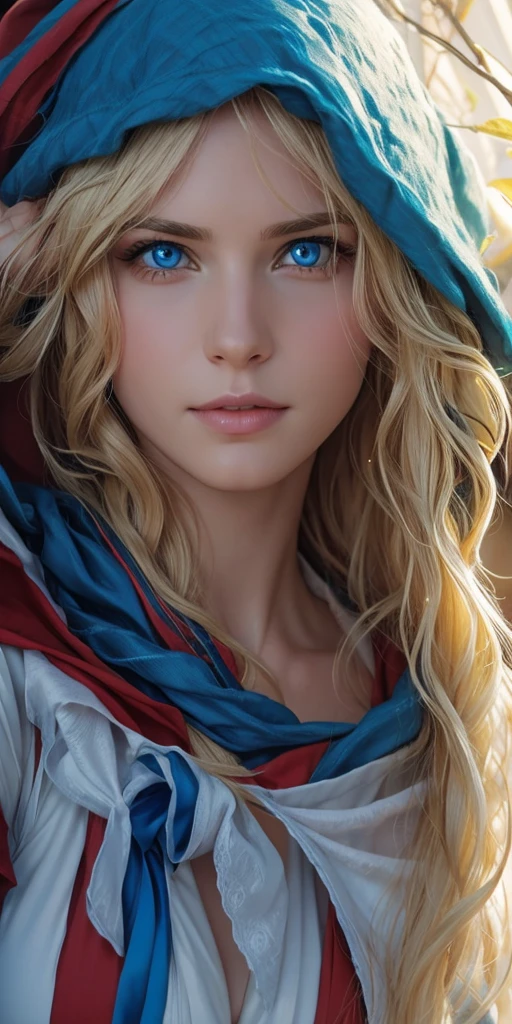 The character Supergirl, perfect costume, shiny blue eyes, extremely beautiful blond hair, beautiful smile , perfect anatomy and extremely beautiful face