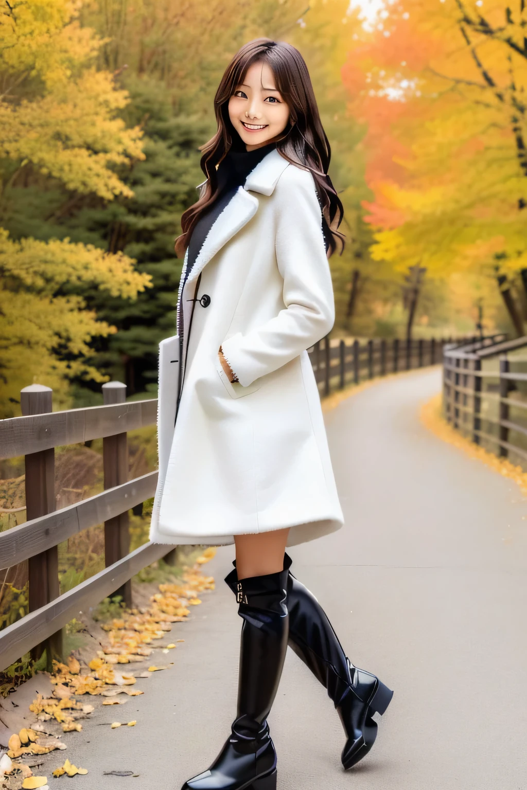 araffe woman in a White coat and black boots standing on a path, Korean Girls, korean female fashion model, Long haired asian girl, Ulzzang, White coat, Beautiful images, Slender girl, Wearing a white winter coat, Knee-high boots, in autumn, Beautiful young Korean woman, Gorgeous Young Korean Woman, Modern fashion, Face that faithfully reproduces the face of LoRA, High resolution, Very detailed, Natural Bangs, highest quality