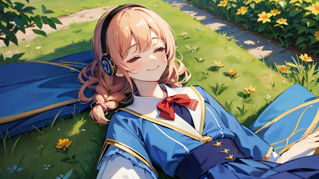 official, Highest quality, Phemonica, headphone, Braiding, Blue jacket, Blue Skirt, Red Pantyhose, Upper Body, From above, Sleeping on your back, Grass, View your viewers, tired, smile, garden 、(masterpiece) (Highest quality) (detailed) (8K)、detailedな背景、Portrait Photography、