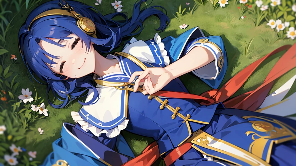 official, Highest quality, Phemonica, headphone, Braiding, Blue jacket, Blue Skirt, Red Pantyhose, Upper Body, From above, Sleeping on your back, Grass, View your viewers, tired, smile, garden 、(masterpiece) (Highest quality) (detailed) (8K)、detailedな背景、Portrait Photography、