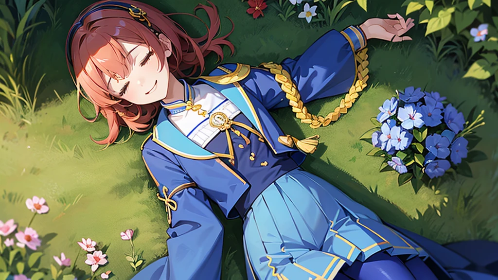 official, Highest quality, Phemonica, headphone, Braiding, Blue jacket, Blue Skirt, Red Pantyhose, Upper Body, From above, Sleeping on your back, Grass, View your viewers, tired, smile, garden 、(masterpiece) (Highest quality) (detailed) (8K)、detailedな背景、Portrait Photography、