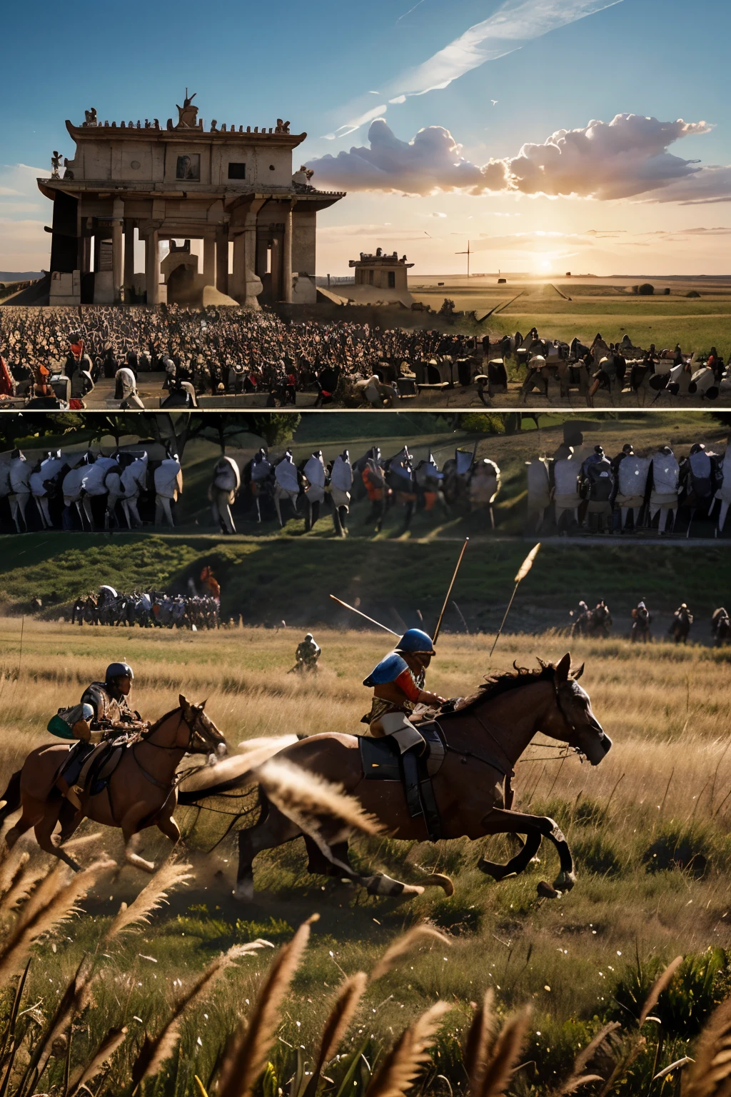 super realistic image of a battle in the open field of the Spanish against the Aztecs, excellent definition, precise details of each moment