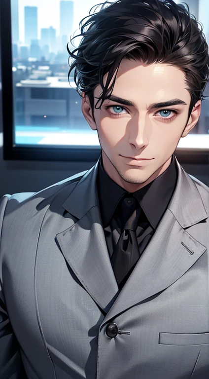 (best quality,4k,8k,highres,masterpiece:1.2),ultra-detailed,(realistic,photorealistic,photo-realistic:1.37),1 man,31 years old,mature man,very handsome,without expression,smile,short grey black hair,blue eyes,penetrating gaze,perfect face without errors,imposing posture,businessman,office background,cinematic lighting,hdr image