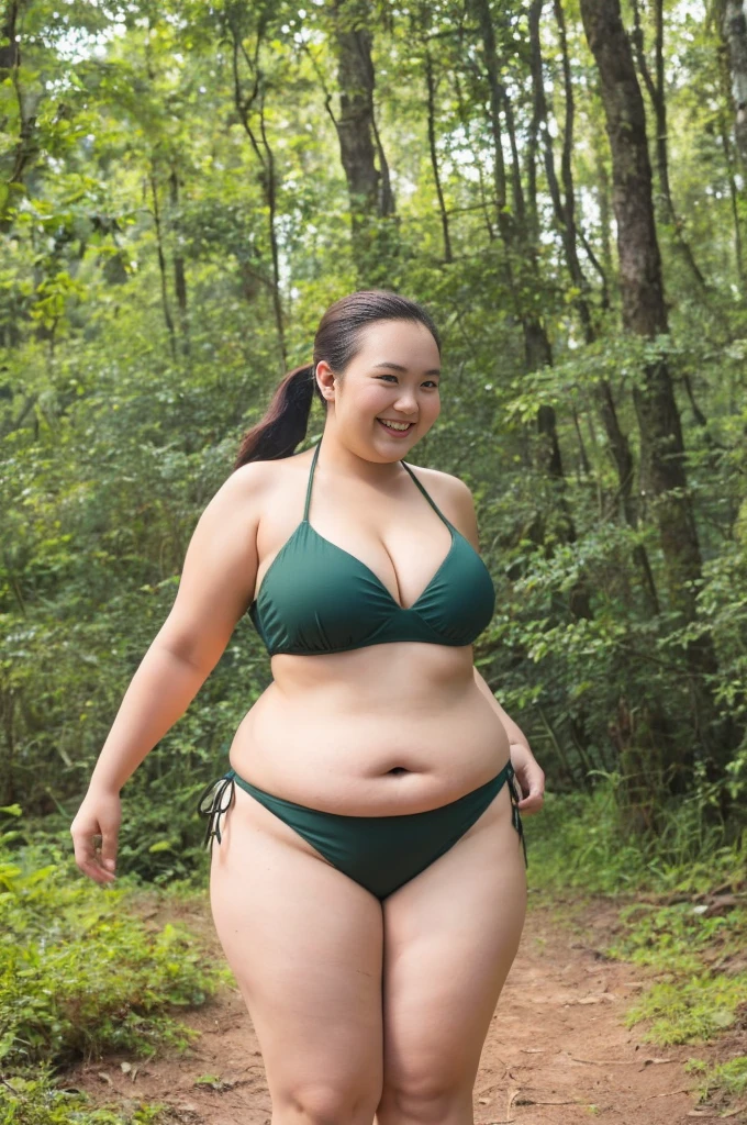 (Thai woman),(((bikini))),((( plus-size woman,curvy waist,overweight,masterbate herself))),(highponytail),(forehead),(smile:1.5),(inside the forest in the background:1.3), (playing her tits),(in the morning light),(hyperrealistic),(funny),(full body shot),running