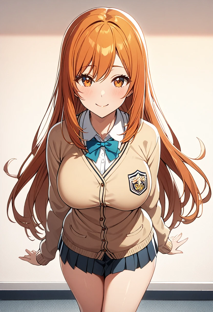 1 girl, (solo:1.2), tall girl, long orange hair, straight hair ,orange eyes, (high school student), (), (Full Breasts), (thighs), High Height,masterpiece, high resolution, shiny, full body, beautiful,A cute smile that makes the viewer happy, highly detailed beautiful face and eyes,looking at viewer, (high , cardigan:1.2), (high school:1.2), (from front), (zettai ryouiki),(study),