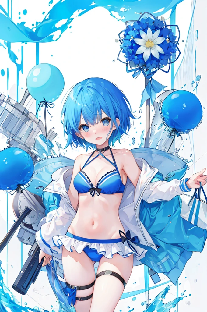 Girl、Blue hair short、bikini、Embarrassed