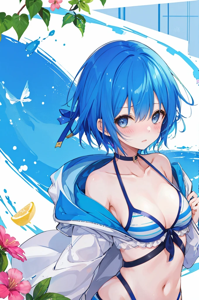 Girl、Blue hair short、bikini、Embarrassed