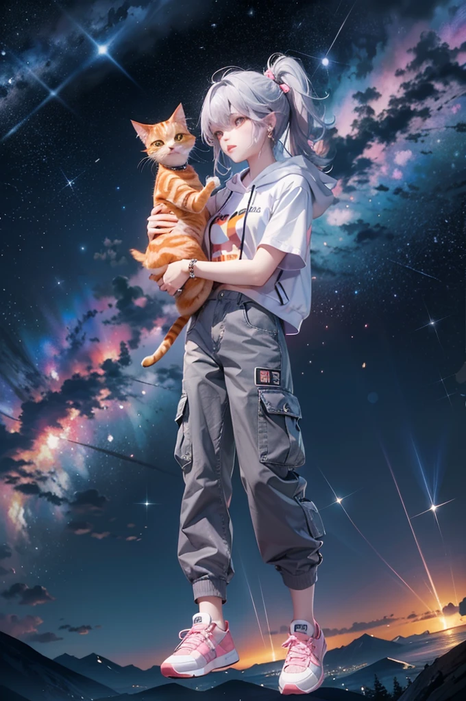 (((Holding a cute orange bantam cat in both hands)))，((Highest quality，masterpiece，Full frontal view of a mature beauty，Air bangs，Blue gray high ponytail super long straight hair，Slightly curly hair on double sideburns，Hair ends curled in，Gray and pink short T-shirt，Light blue denim gray hooded jacket，Black and gray long and wide cargo pants，Pink and white sneakers，!Look at the lens head-on!))，Simple, small and exquisite round necklace，Little star earrings，Wearing a very thin gold bracelet on the right hand，starry sky galaxy background