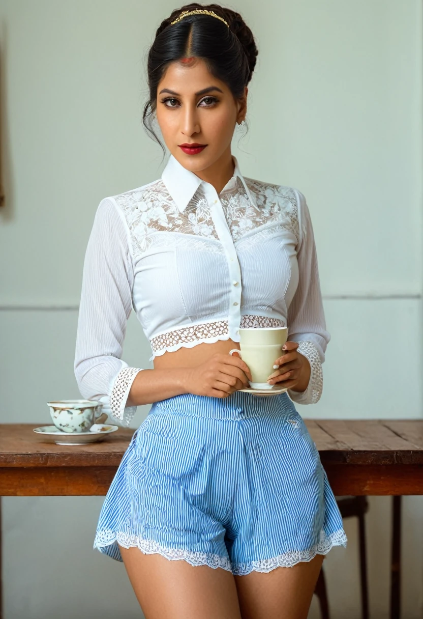 Aesthetically pleasing and unique Portrait of an Anishthas Mata Hari, wearing a white lace embroidered shirt and blue shorts, she wears a white crop top and a striped blue skirt, she is holding a cup of tea at the table. She is looking at the camera from behind